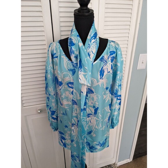 Carlisle Collection Top Women sz 12 100% Silk Blue Boho Long Sleeve Blouse Sash - Picture 4 of 16